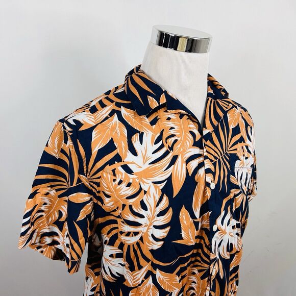 Onia Medium Hawaiian Aloha Shirt Navy Blue Orange Floral Palms Cotton Blend - Picture 1 of 4